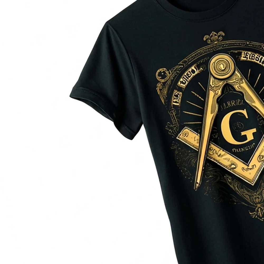 Masonic gift T-Shirt with an elaborate gold Square and Compass symbol for Freemasonry enthusiasts.
