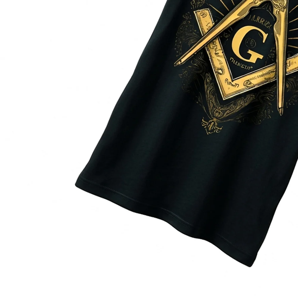 Custom Masonic Lodge T-Shirt with gold Square and Compass artwork and personalized lodge printing.