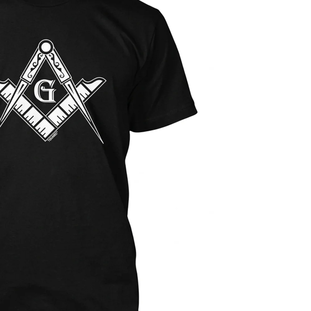 Personalized black Masonic V-neck T-shirt with Compass G and Square artwork and custom name printing.