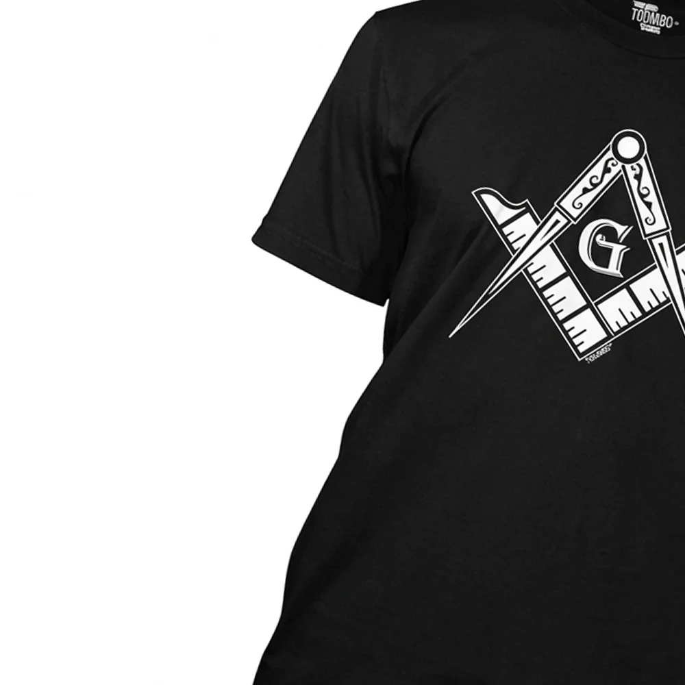 Custom black Masonic V-neck shirt with Compass G and Square design and personalized lodge name print.