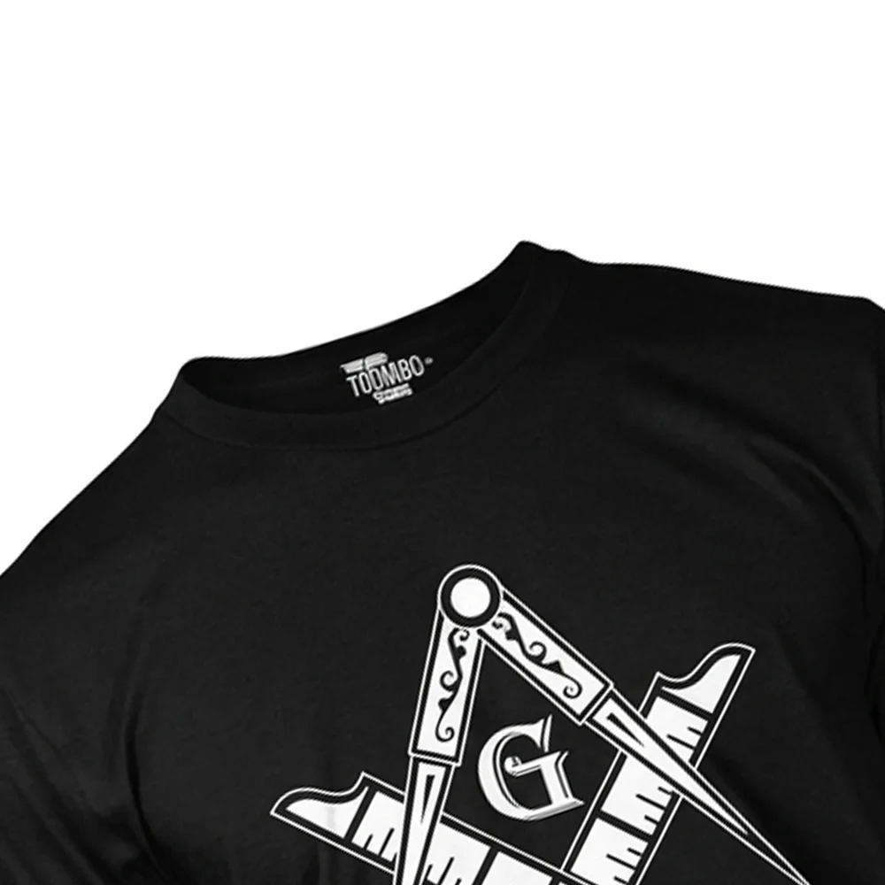 Close-up of Compass G and Square design on a black Masonic V-neck T-shirt.