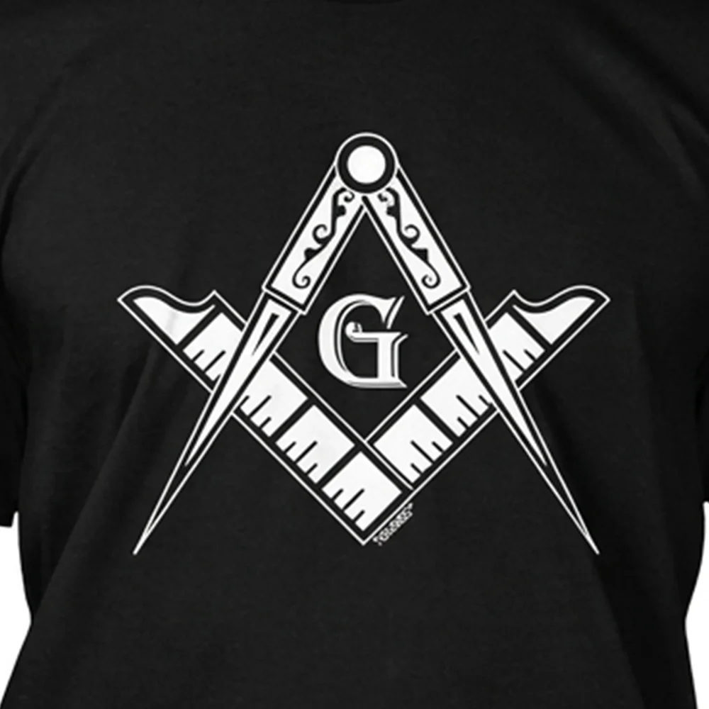 Black V-neck Freemason T-shirt with Masonic Compass G and Square graphic design.