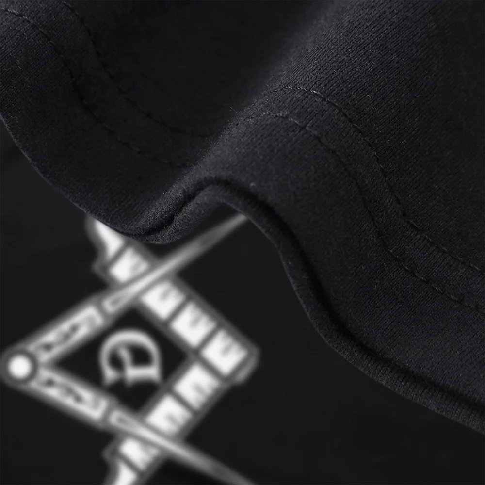 Black Masonic V-neck graphic shirt featuring Compass G and Square artwork with custom text options.