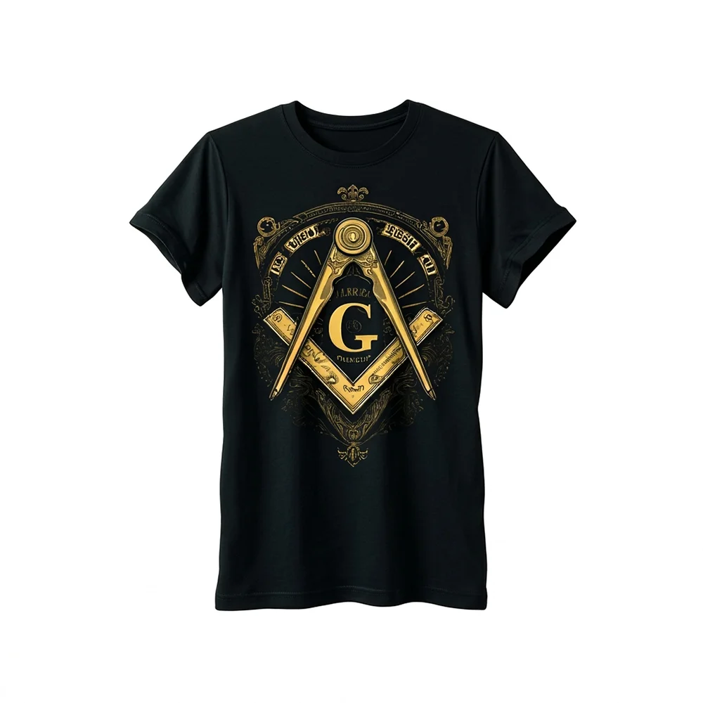 Black Masonic T-Shirt with detailed gold Square and Compass emblem in a unique Freemason design.