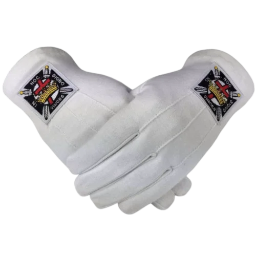 Knights Templar Commandery Gloves - White Cotton + Embroidered Emblem