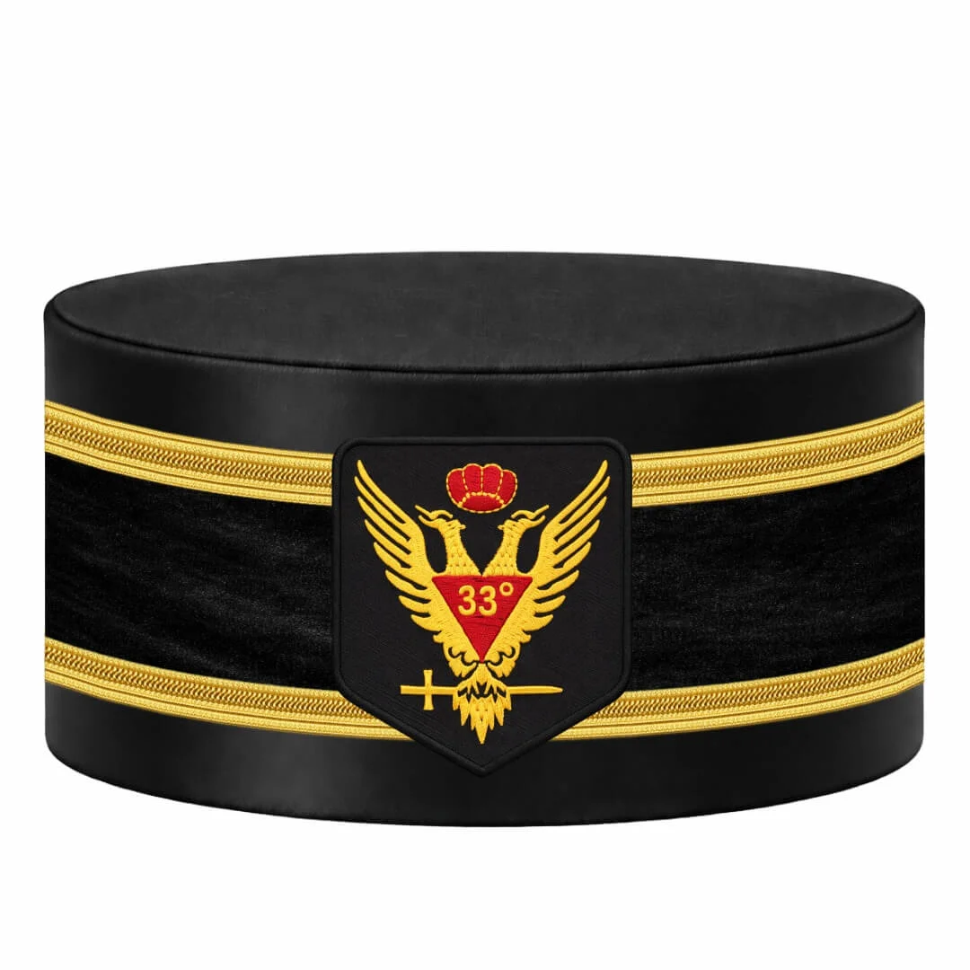 33rd Degree Scottish Rite Crown Cap – Black Rayon with Wings Up Red & Gold Emblem & Double Braid