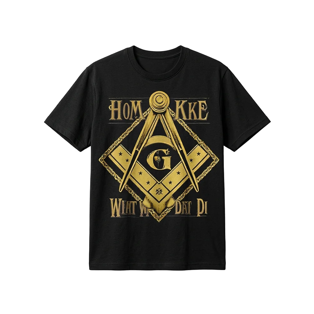 Black Freemason T-shirt featuring a distinctive gold Square and Compasses Masonic symbol.