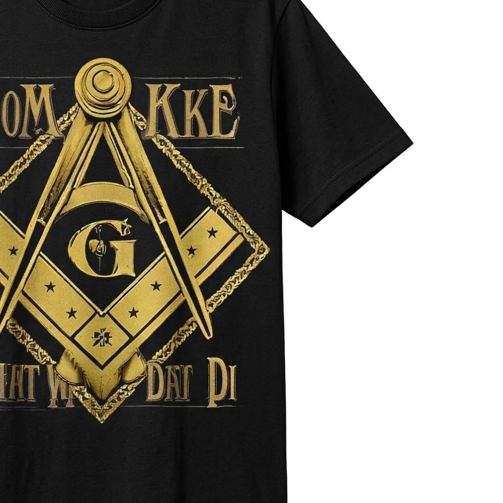 Custom black Masonic T-shirt with gold Compass and Square artwork and personalized name printing.
