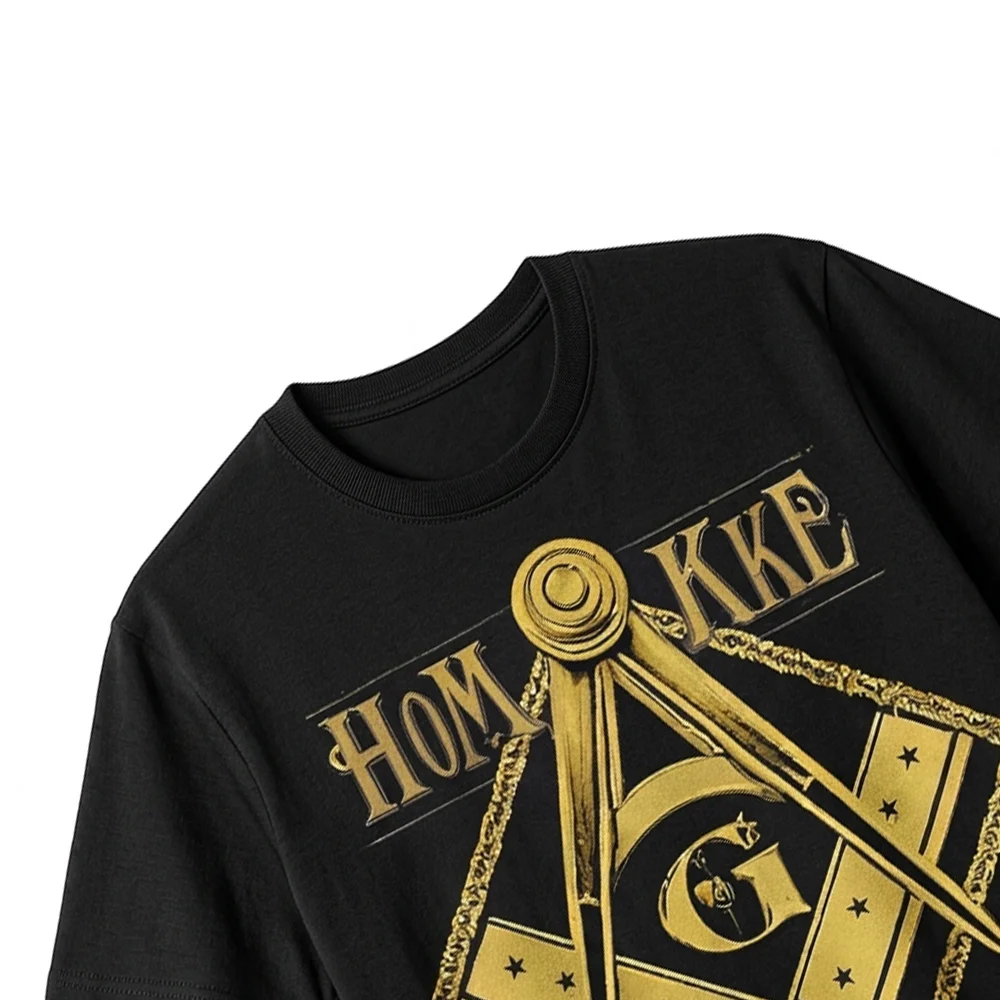 Close-up of unique gold Compass and Square Freemason artwork on a black Masonic T-shirt.