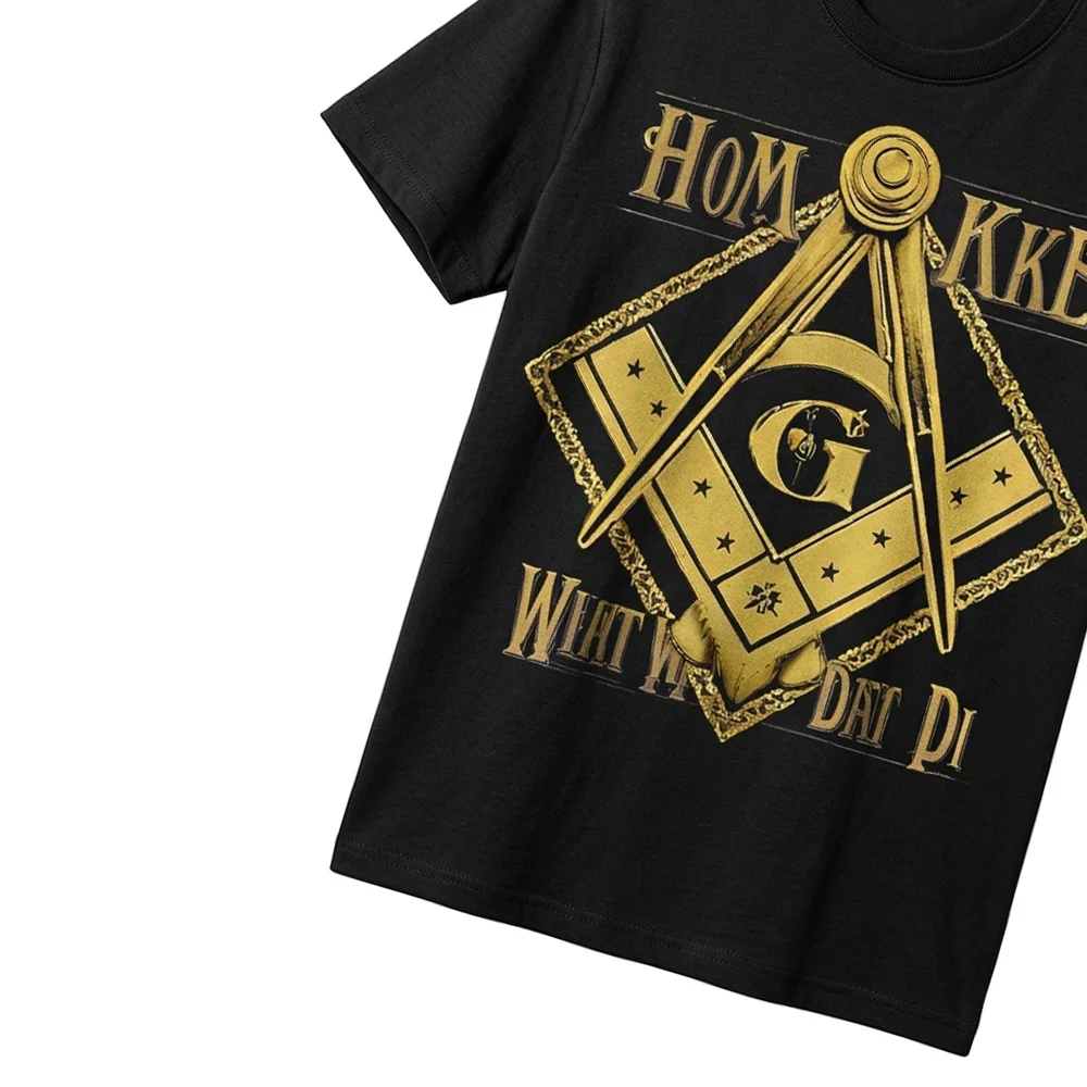 Black Freemason graphic tee with unique gold Square and Compasses design for Masonic members.