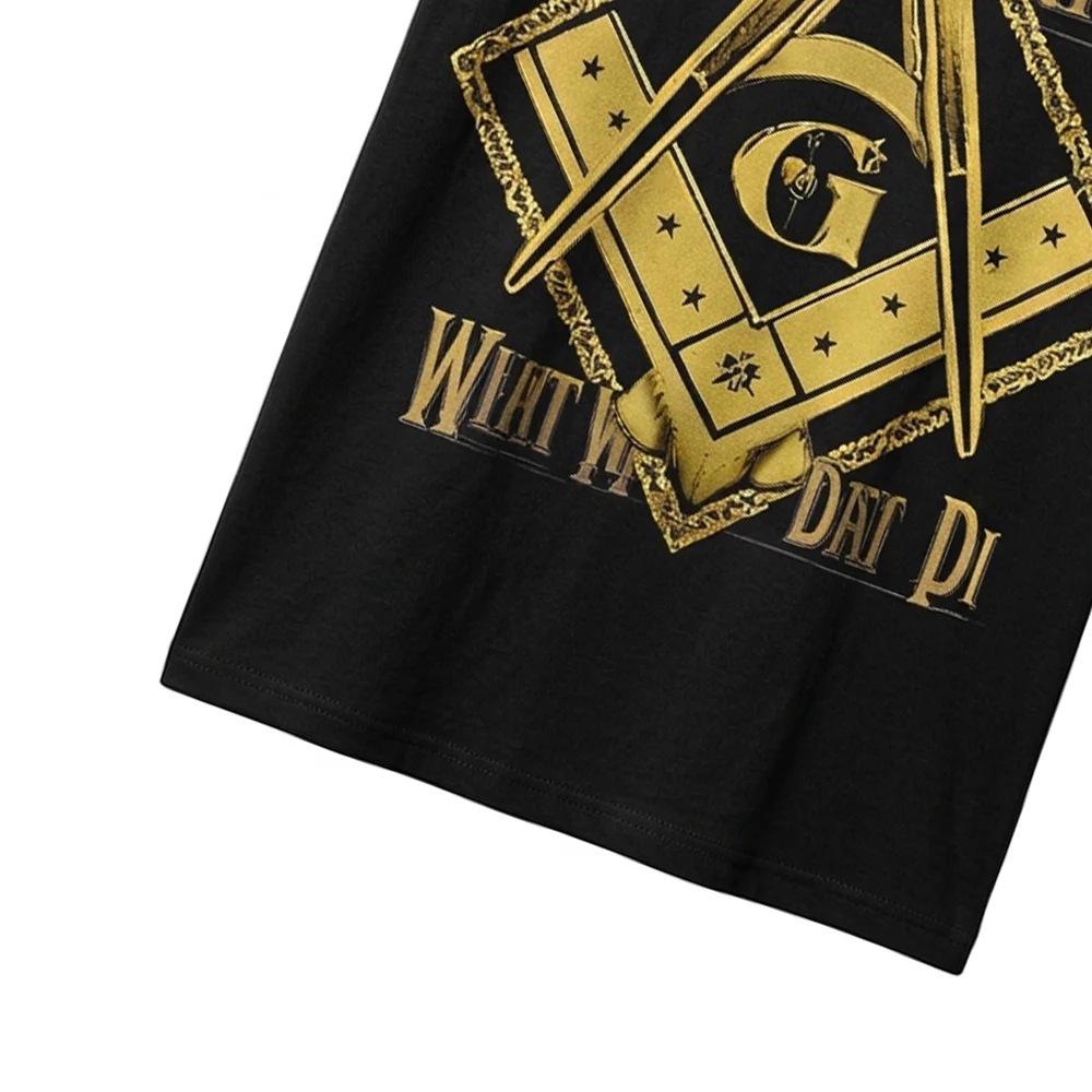 Personalized black Freemason T-shirt with gold Compass and Square design for Masonic gift giving.