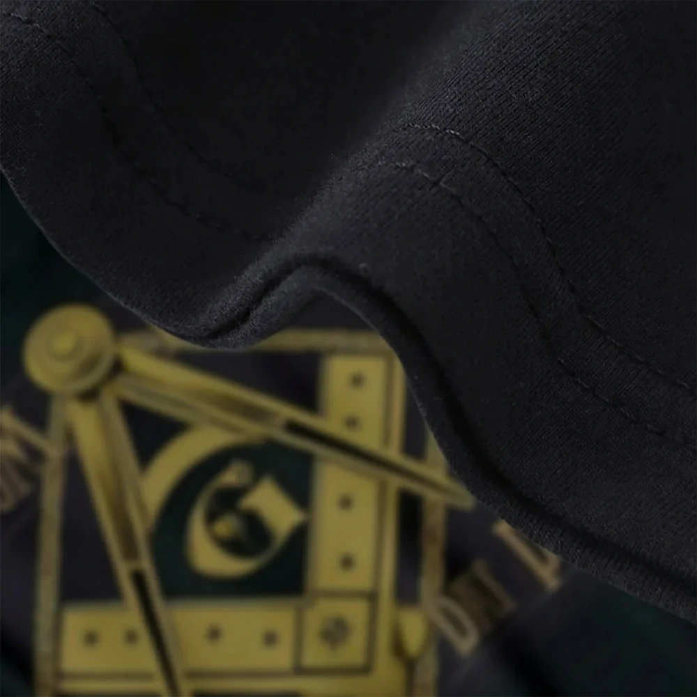 Black Masonic T-shirt with gold Square and Compasses symbol for Freemason lodge gatherings and events.