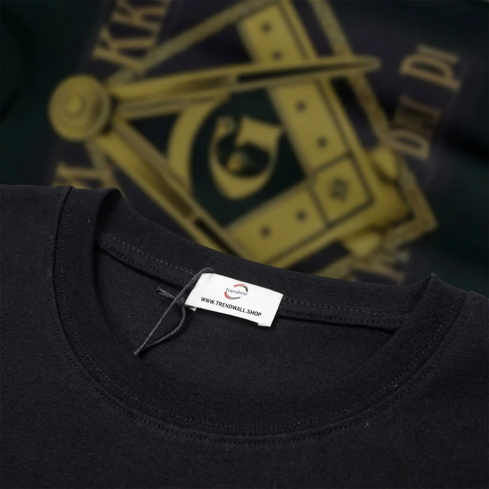 Custom black Freemason shirt with gold Compass and Square graphic and personalized lodge or name lettering.