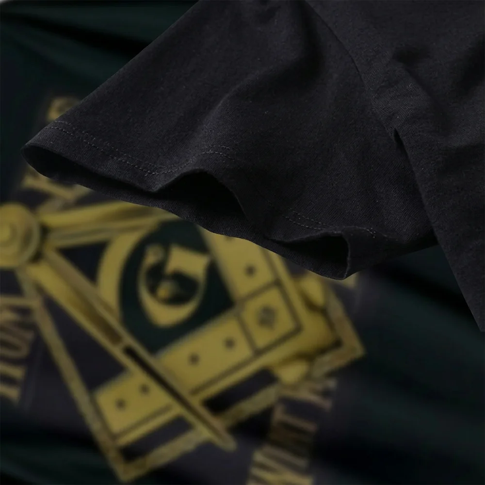 Black Masonic graphic T-shirt with unique gold Freemason Compass and Square symbol for everyday wear.