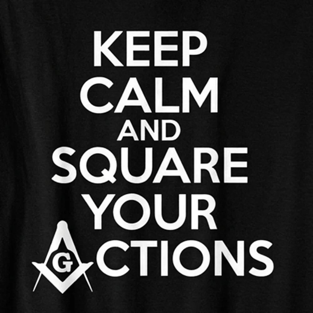 Women’s Freemasonry graphic tee with Square and Compasses symbol and “Square Your Actions” quote.
