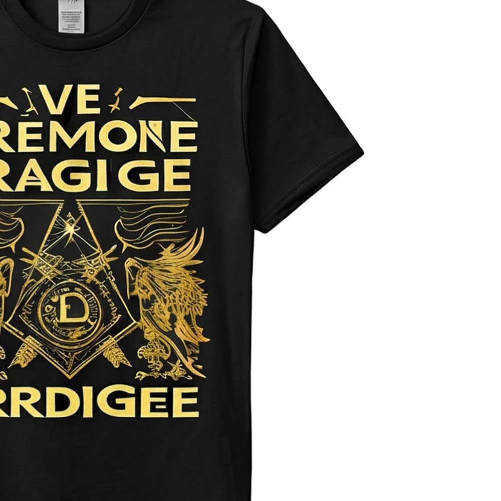 Personalized black Masonic T-shirt with gold winged Square artwork and custom name printing.