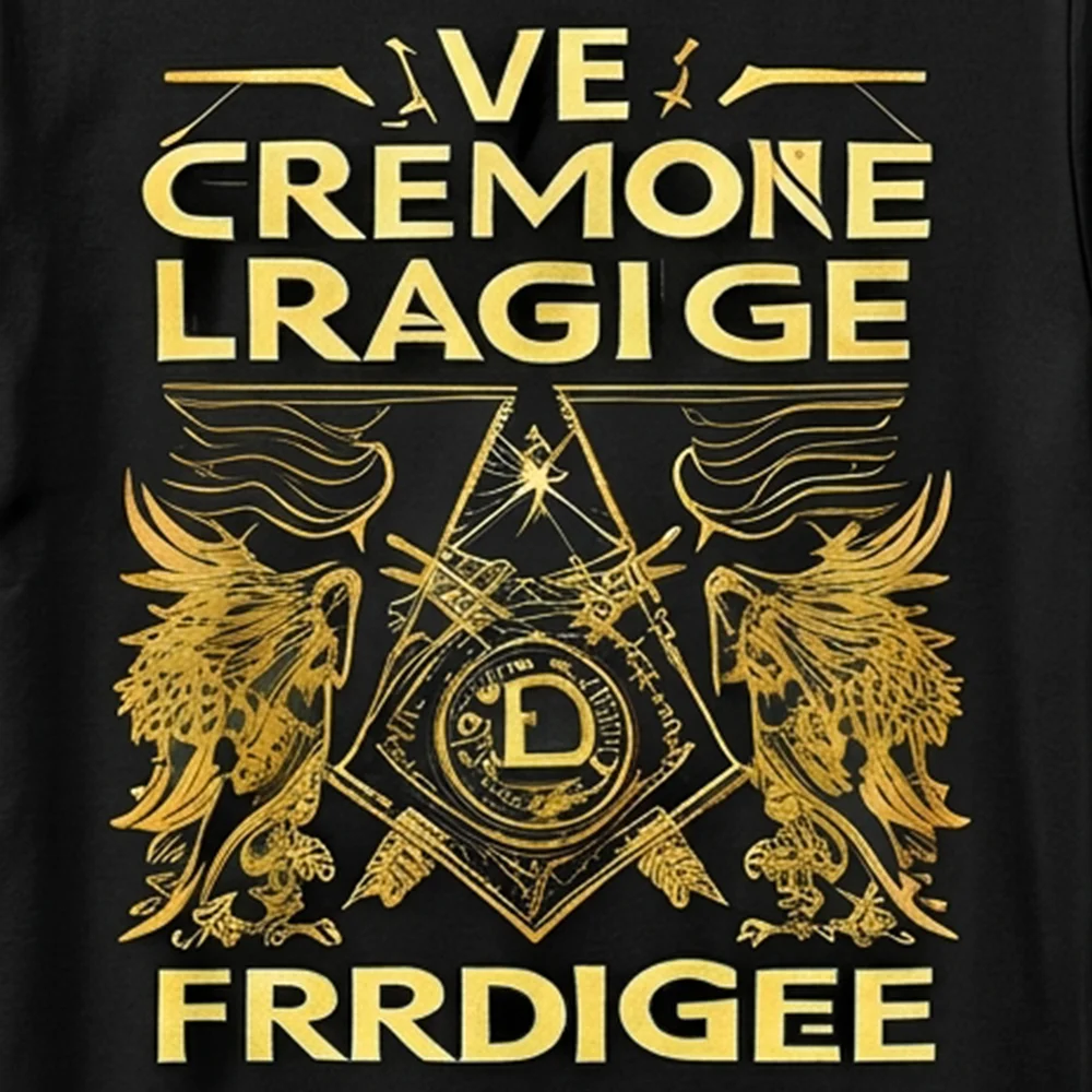 Close-up of gold winged Square Masonic artwork printed on a black graphic T-shirt.