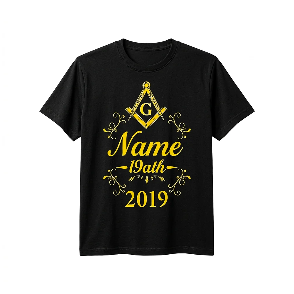 Black Masonic T-shirt with gold Freemason-inspired symbol and custom lettering design.