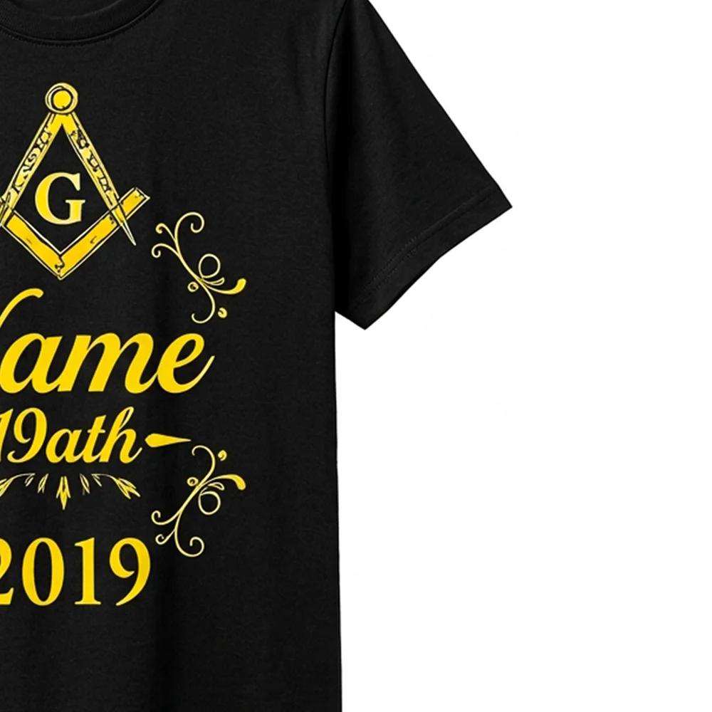 Custom Masonic black T-shirt featuring a gold symbol and personalized “Name 19ath 2019” graphic.
