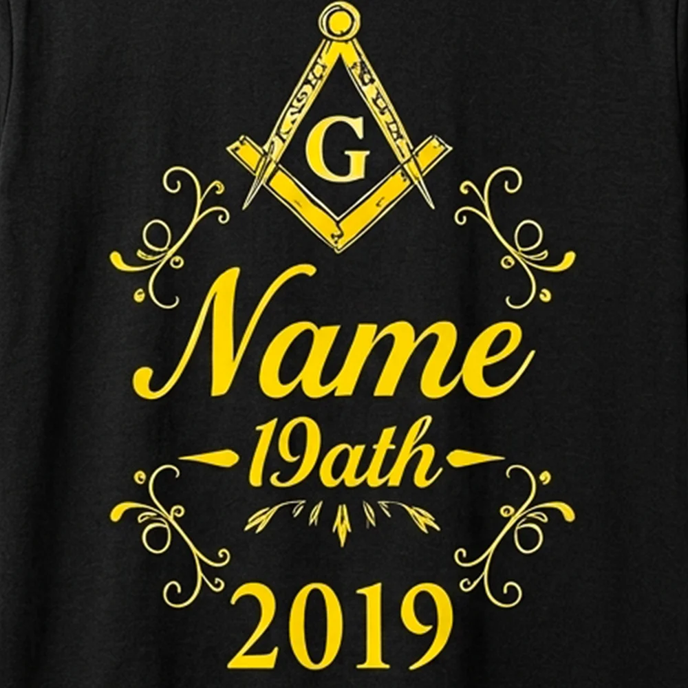 Personalized black Masonic shirt featuring gold symbol artwork and custom lodge name options.