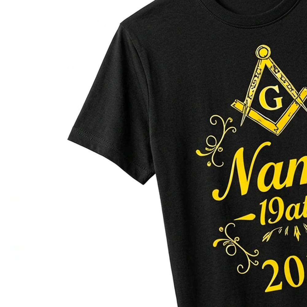 Black Masonic graphic T-shirt with gold emblem design and distinctive personalized lettering.