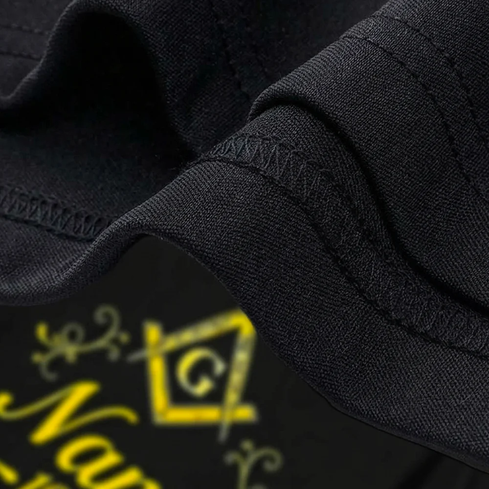 Custom black Masonic graphic shirt featuring gold lettering and a bold symbolic design.