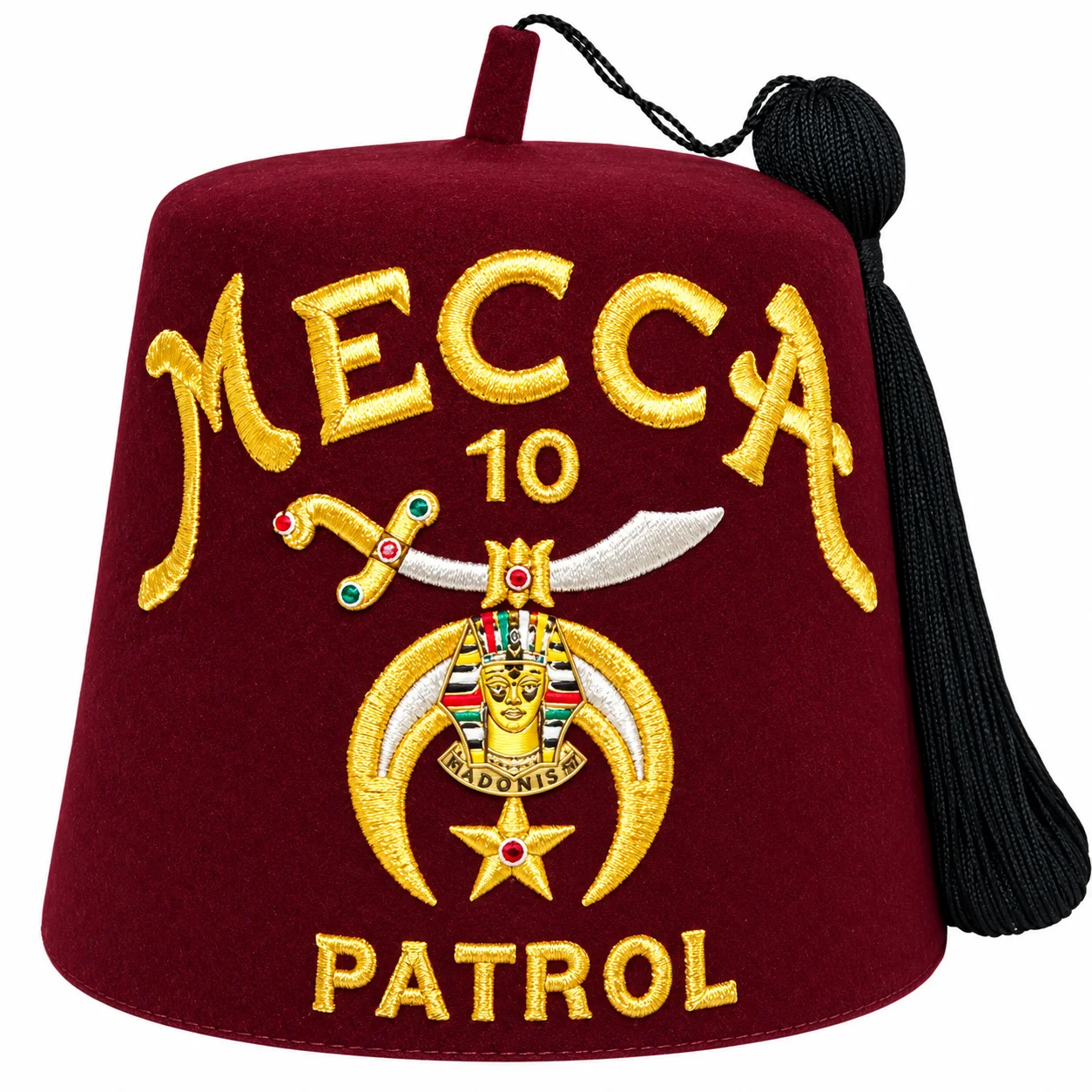 Prince Hall Shriner Fez Hat – Gold Metallic Embroidery, Custom Temple Name & Number