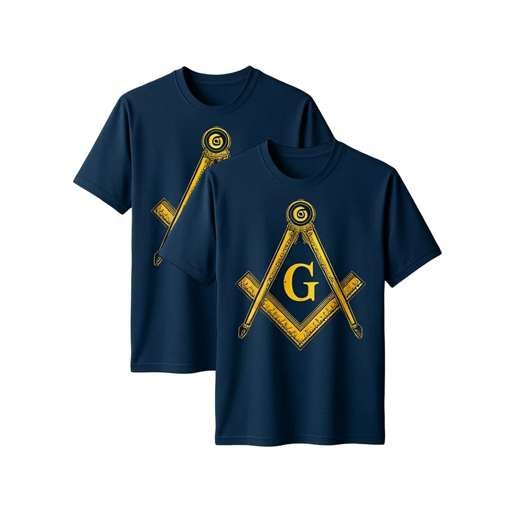 Blue Masonic T-Shirt – Large Gold Square & Compass Symbol Freemason Design