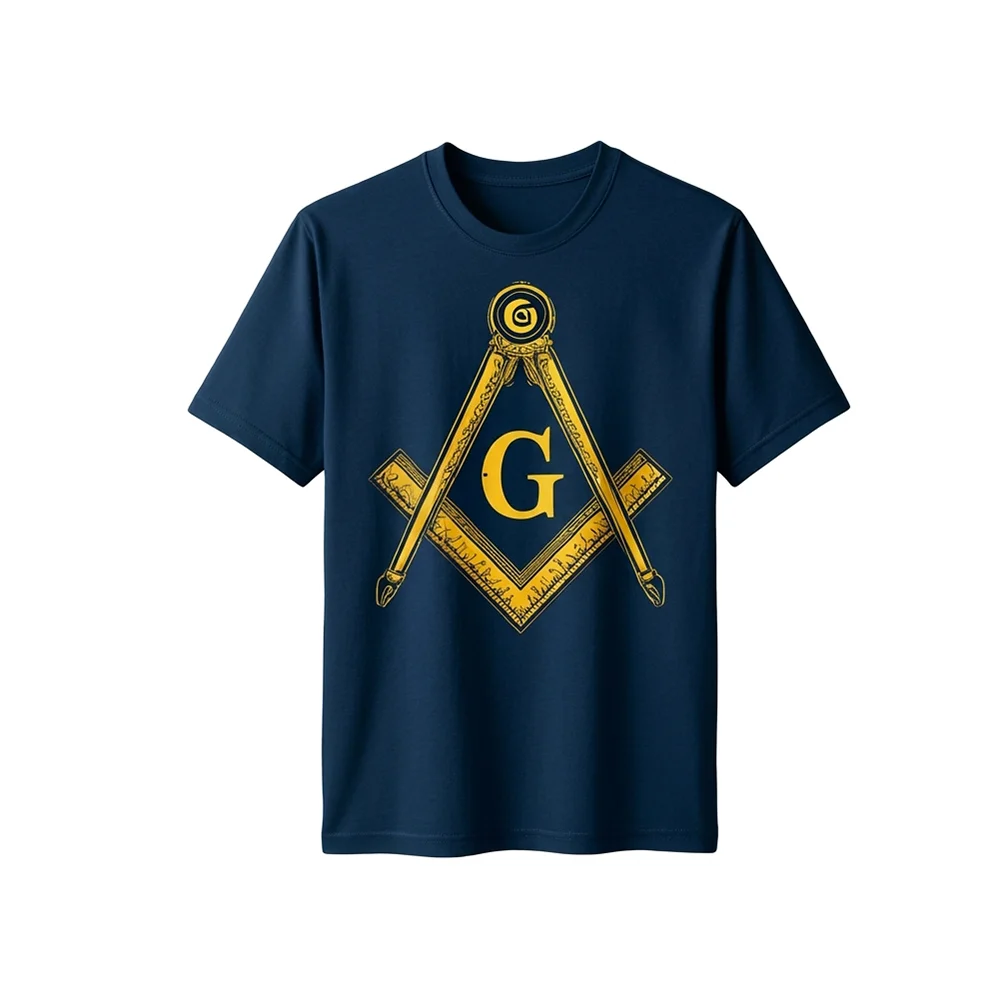 Blue Freemason T-Shirt with a large gold Square and Compass emblem on the front.