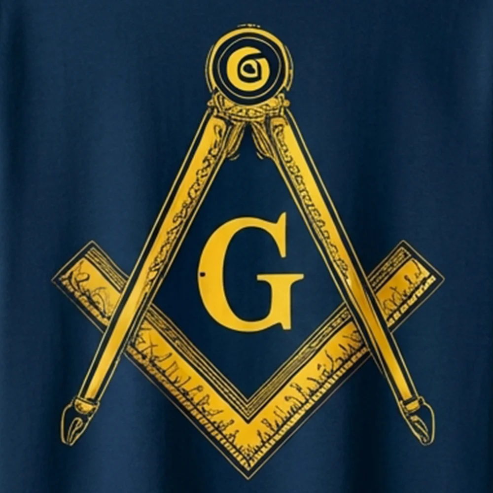 Gold Square and Compass symbol printed on the front of a blue Masonic T-Shirt.