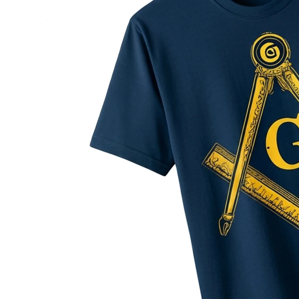 Blue Freemasonry T-Shirt with bold gold Square and Compass artwork on the chest.