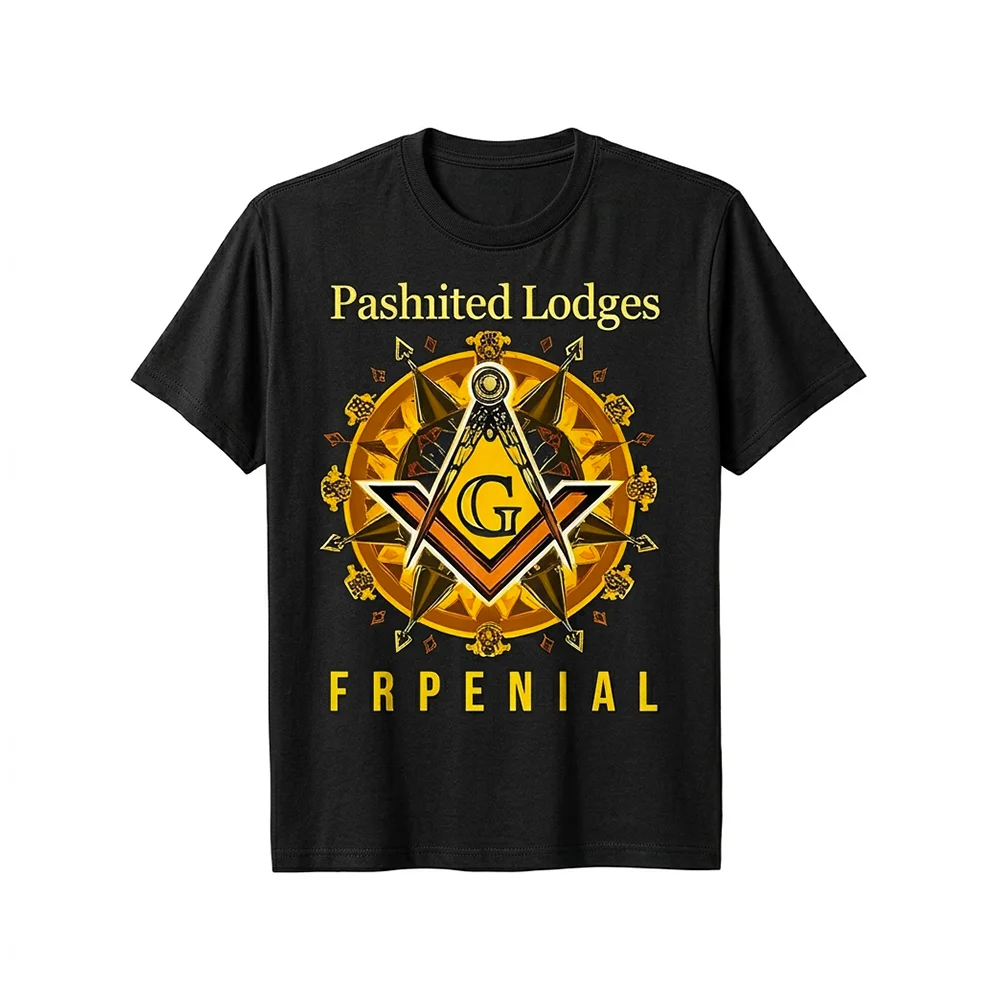 Freemason T-Shirt with unique Square and G emblem and decorative lettering on a black shirt.