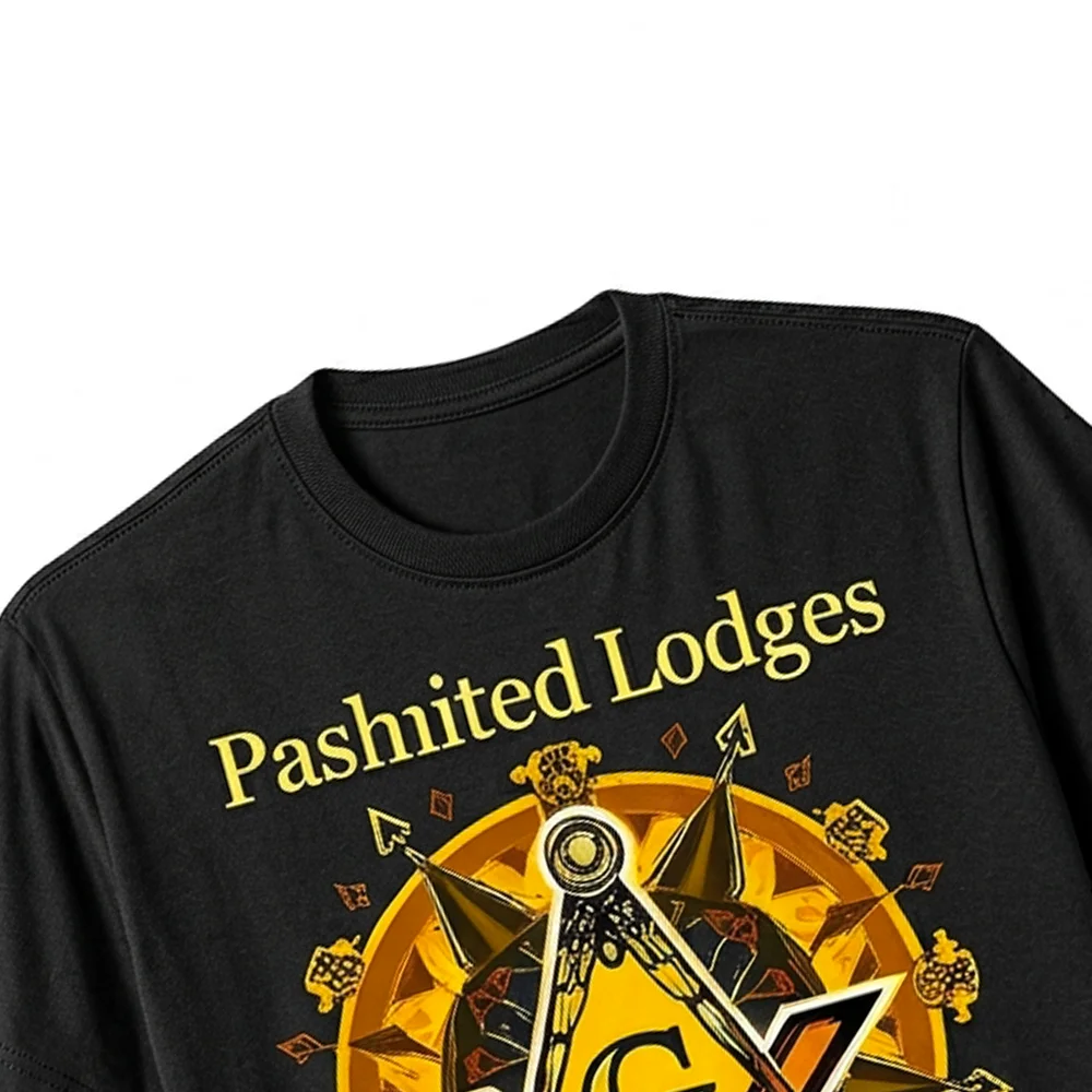 Black Freemason shirt with a detailed Square, G symbol, and distinctive Masonic lettering.