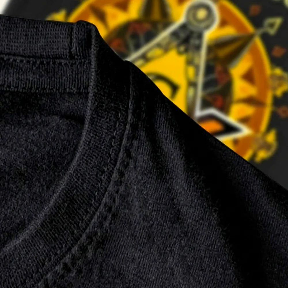 Black Masonic T-Shirt with Square, G, and text symbols, available with custom lodge or name printing.