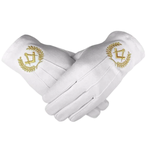 Master Mason Blue Lodge Gloves - White Cotton + Gold Square & Compass