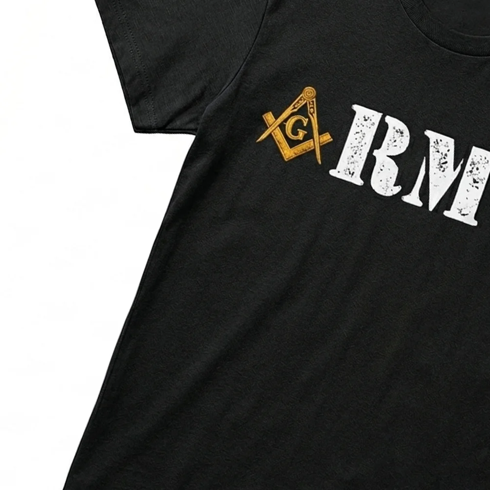 Army Masonic T-shirt showcasing detailed patriotic and Freemasonry-inspired printed artwork.