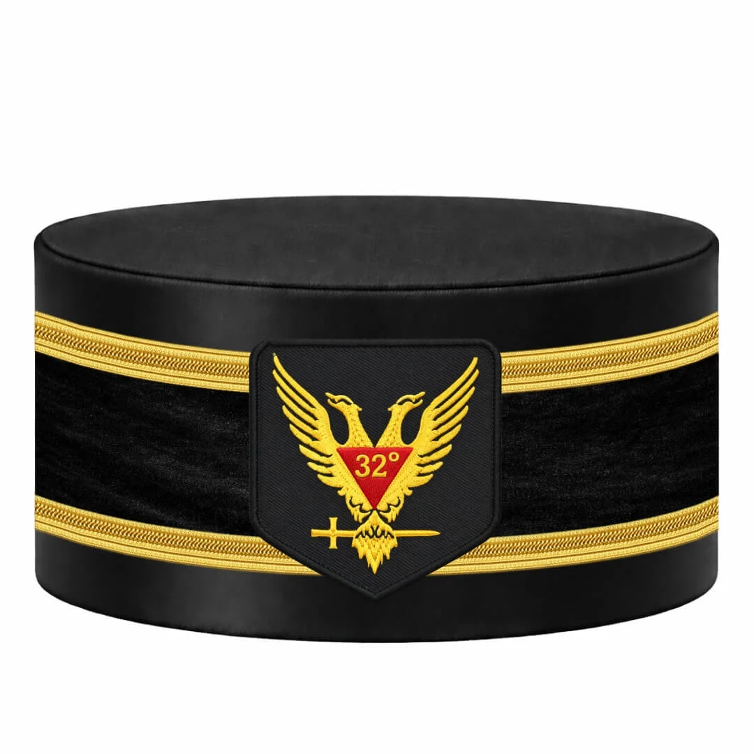 32nd Degree Scottish Rite Crown Cap – Black Rayon with Wings Up Red & Gold Emblem & Double Braid
