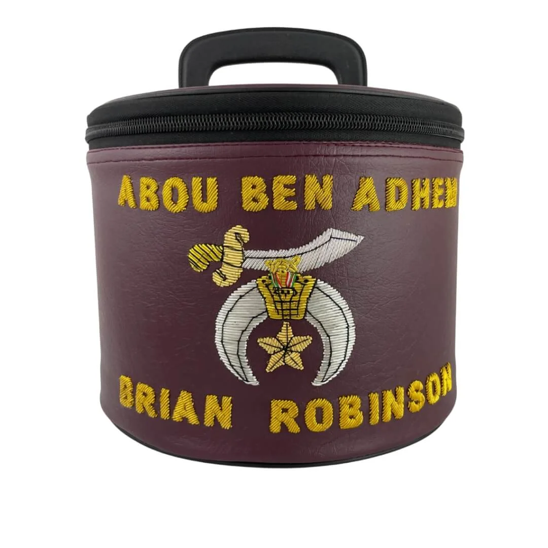Shriners Fez Case Burgundy Color with Temple Name Hand Embroidery – Premium Quality