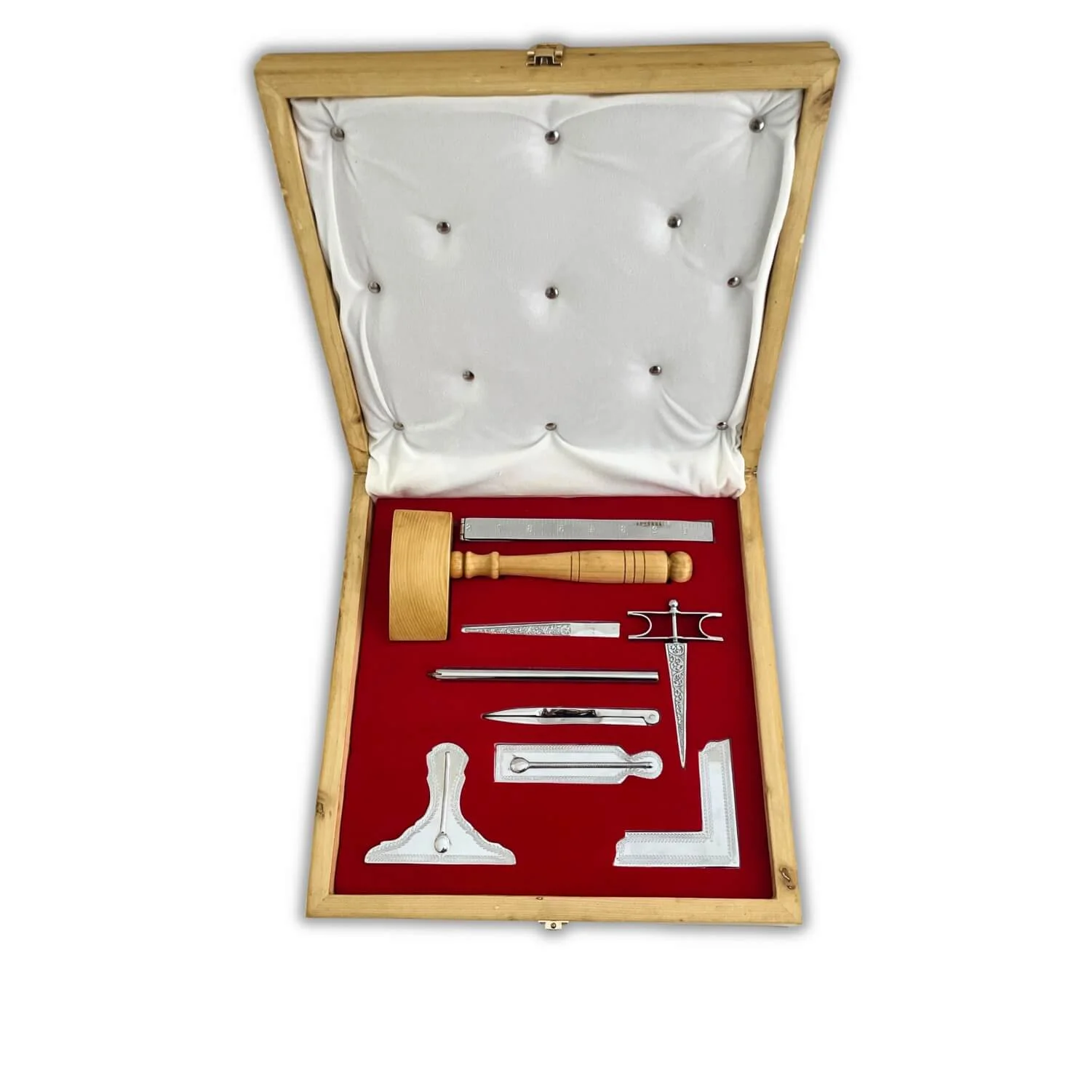 Masonic Standard Working Tools Set Silver Tone Full Size in Wooden Box