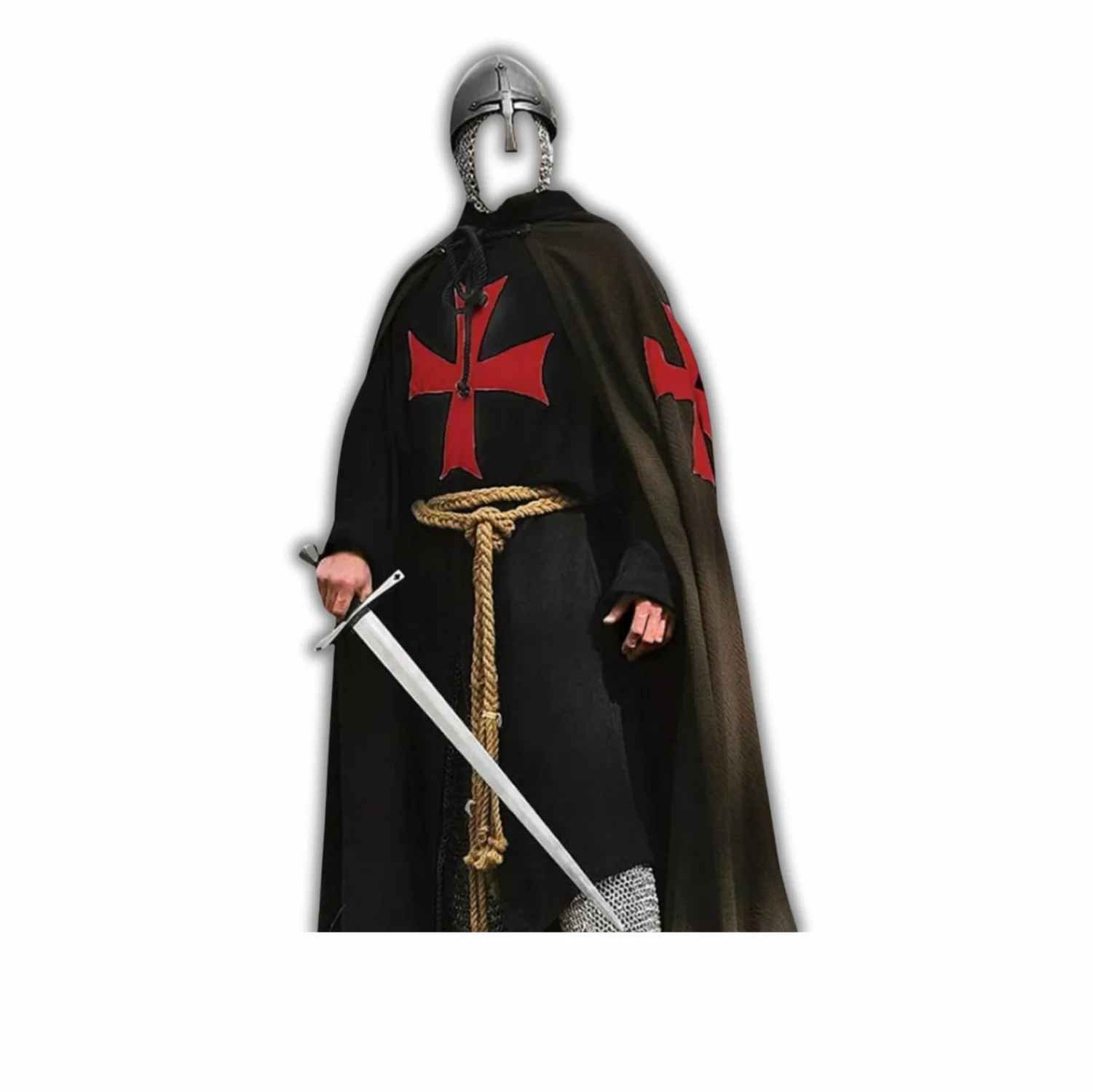 Knight Templar Medieval Tunic & Cloak – Black With Maroon Cross for LARP & SCA