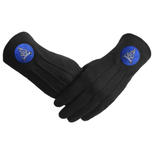 Master Mason Blue Lodge Gloves - Black Pure Cotton + Blue Round Patch