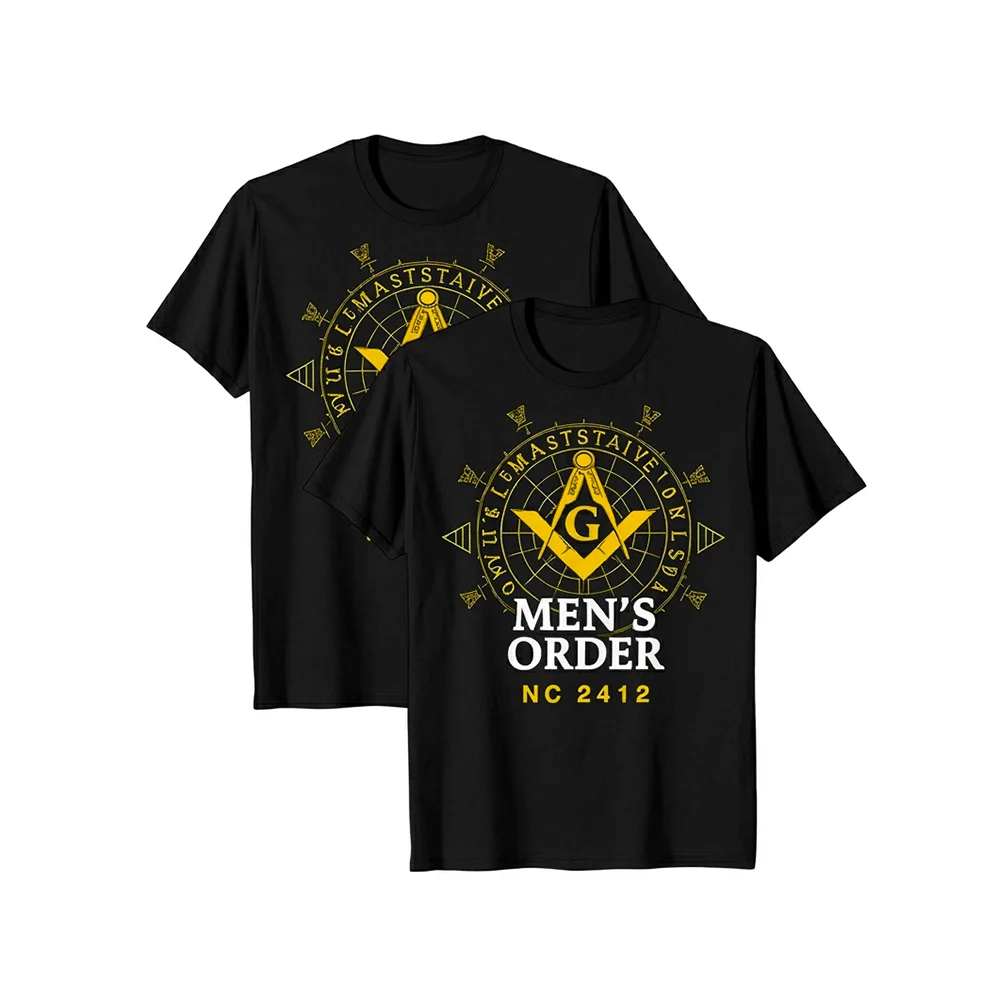 Blue Masonic T-Shirt for men featuring a yellow Square and Compass symbol with custom lodge or name printing.