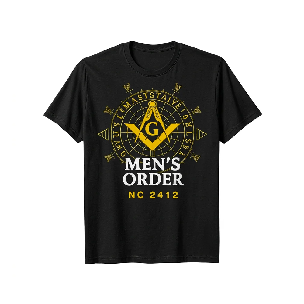 Men's blue Freemason T-Shirt with yellow Square and Compass emblem on the front.