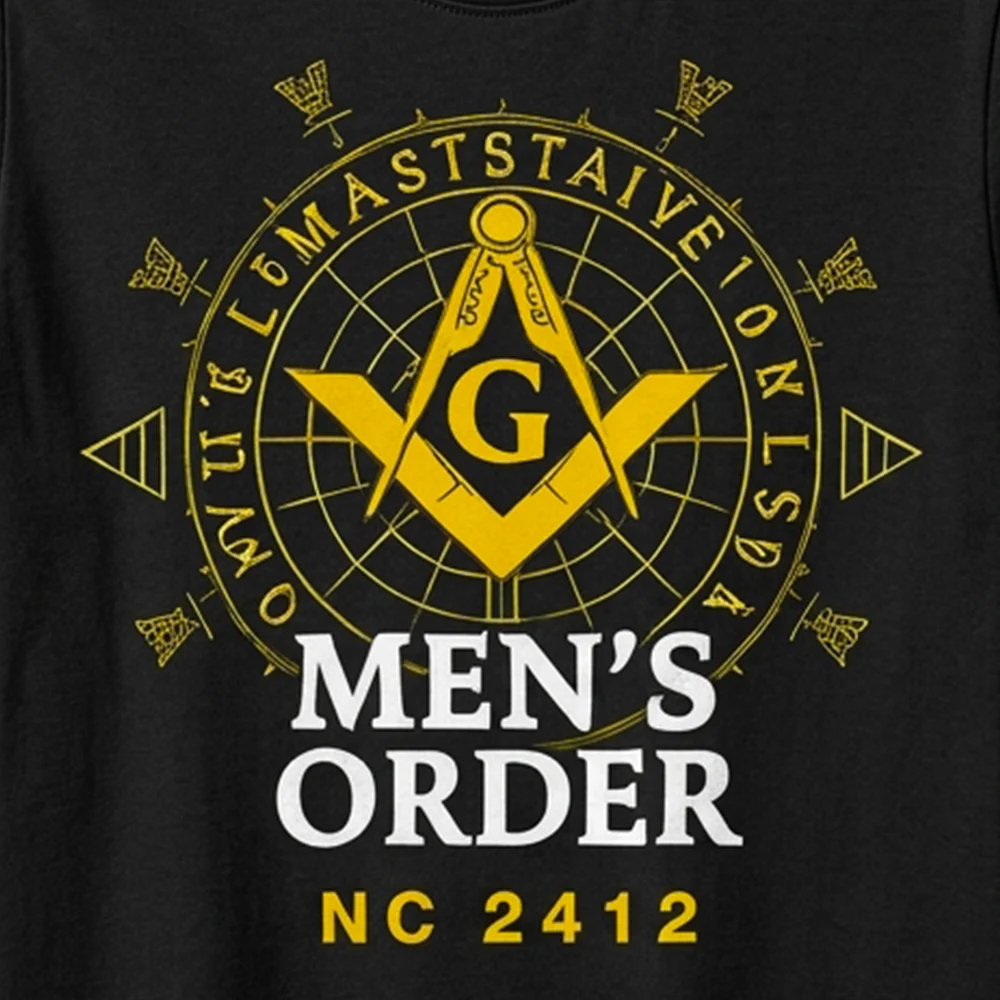 Men's Masonic apparel with yellow Square and Compass design printed on a blue T-shirt.
