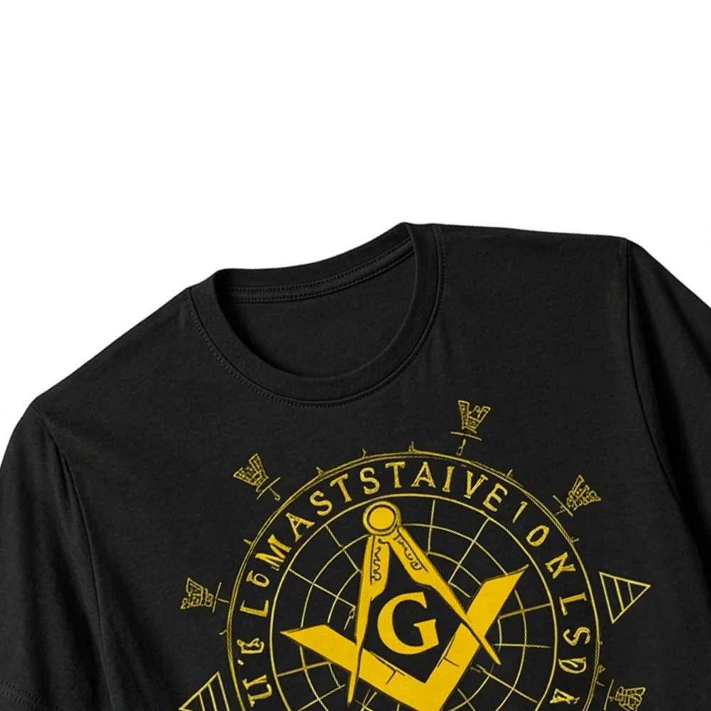 Blue Freemasonry T-Shirt featuring a yellow Square and Compass graphic for Masonic enthusiasts.