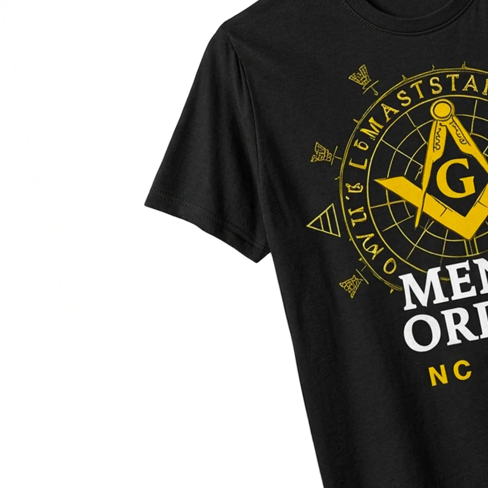 Personalized men's blue Masonic T-Shirt with yellow Square and Compass symbol and custom text option.