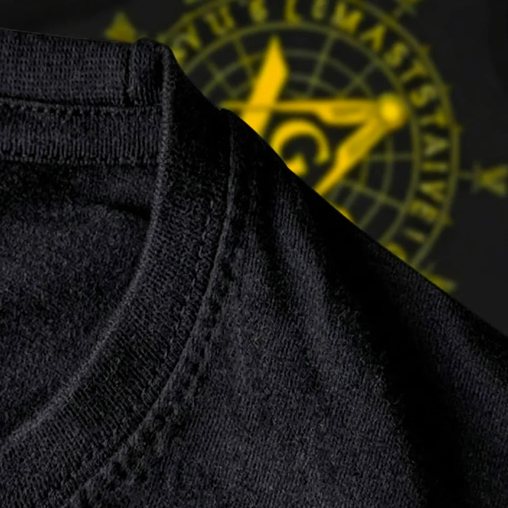 Blue Masonic T-Shirt for men with bold yellow Square and Compass artwork, customizable with a name or lodge.