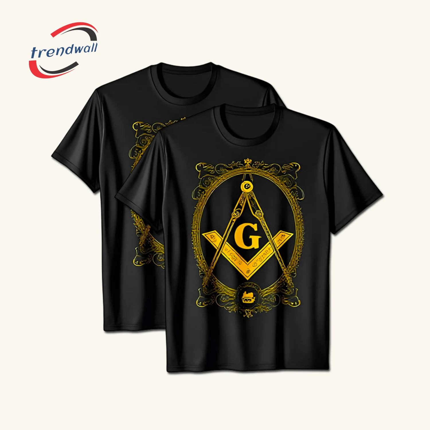 Black Masonic T-Shirt – Gold Square & Compass Freemasonry Symbol Design