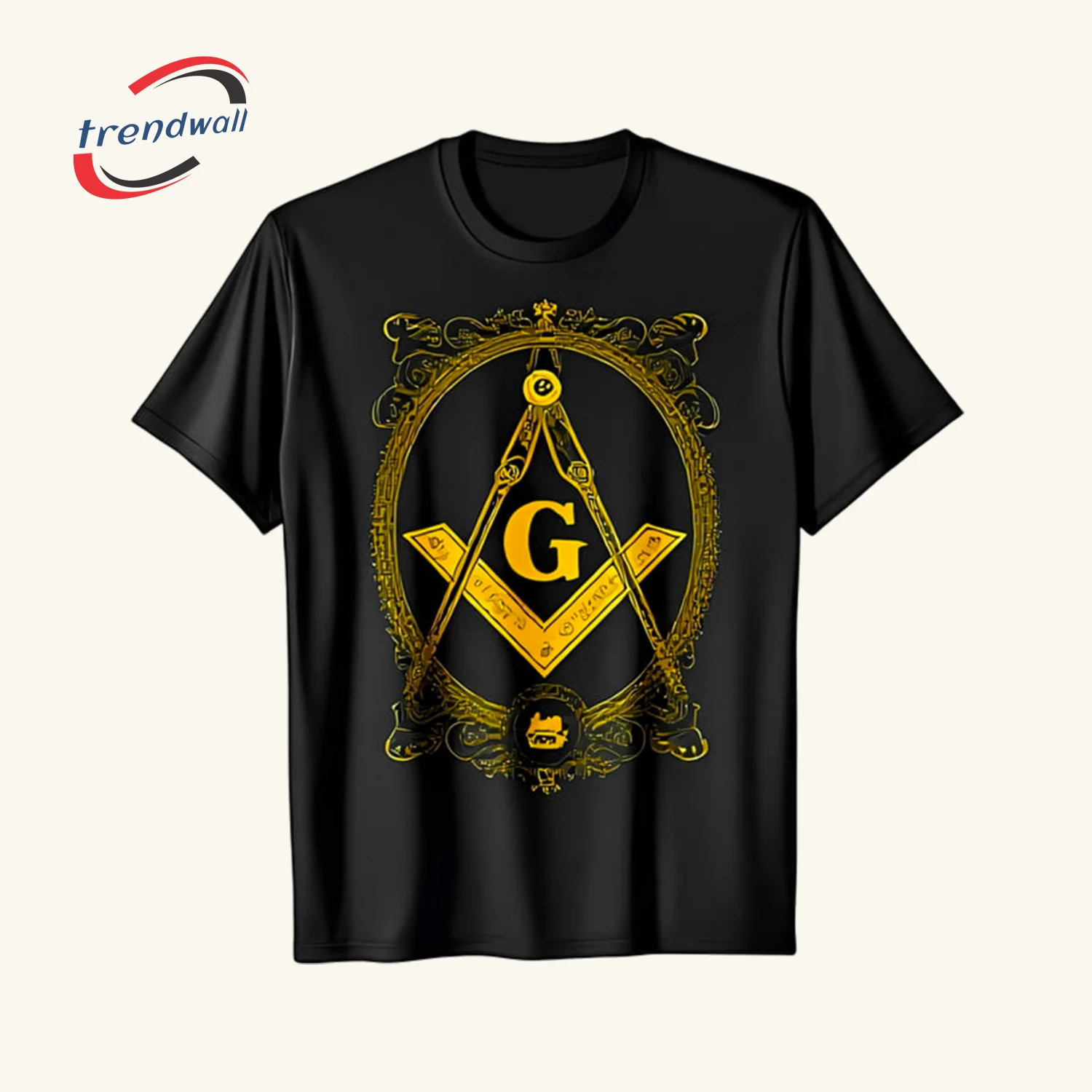 Black Masonic T-Shirt – Gold Square & Compass Freemasonry Symbol Design