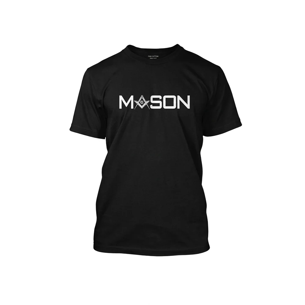 Black Freemason T-shirt with bold white Masonic symbol print and distinctive graphic design.